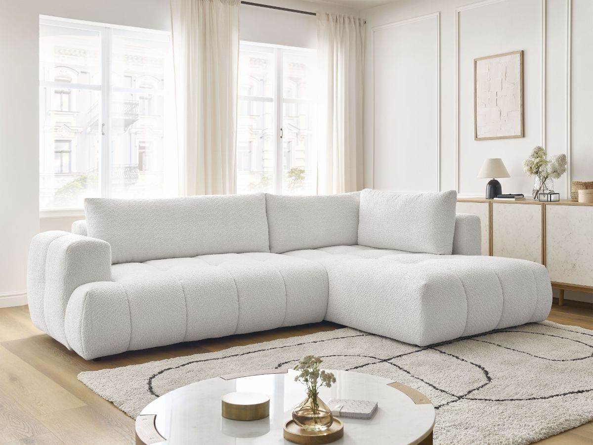 Bobochic Fuji Ecksofa mit Schlaffunktion und Bettkasten 282 × 204 cm Bouclé-Stoff Weiß Ecke rechts