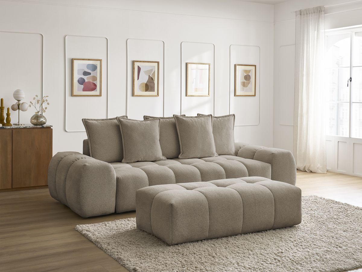 Bobochic Everest Sofa 3-Sitzer mit Pouf, 5 Kissen Melange-Stoff Taupe