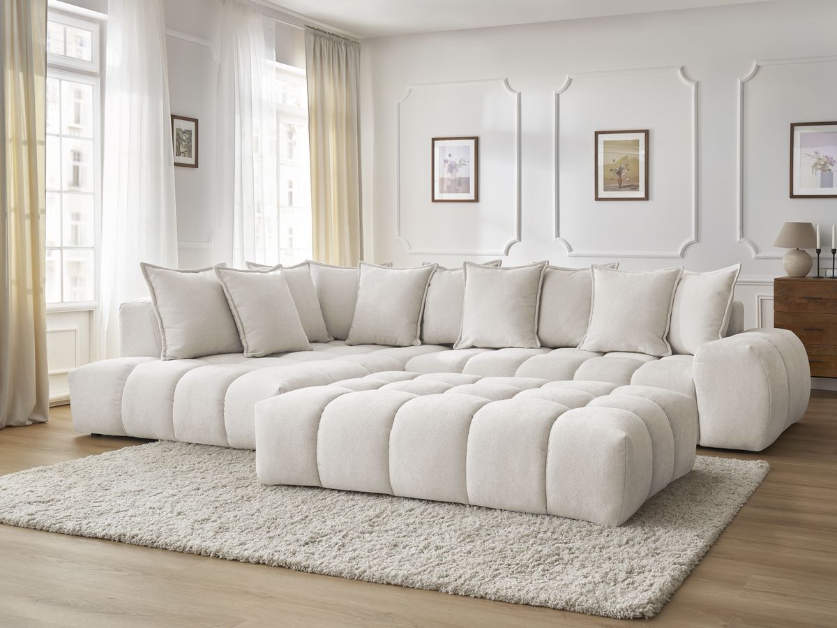 Bobochic Everest Ecksofa mit Schlaffunktion und Pouf, 10 Kissen Strukturstoff Weiß Ecke links