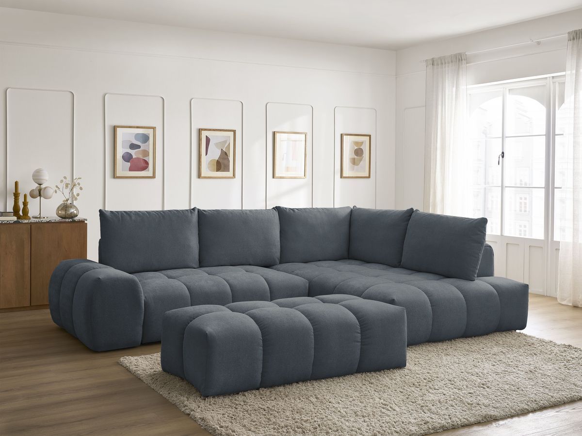 Bobochic Everest Ecksofa mit Schlaffunktion und Bettkasten und Pouf 320 × 212 cm, 5 Kissen Strukturstoff Dunkelblau Ecke rechts