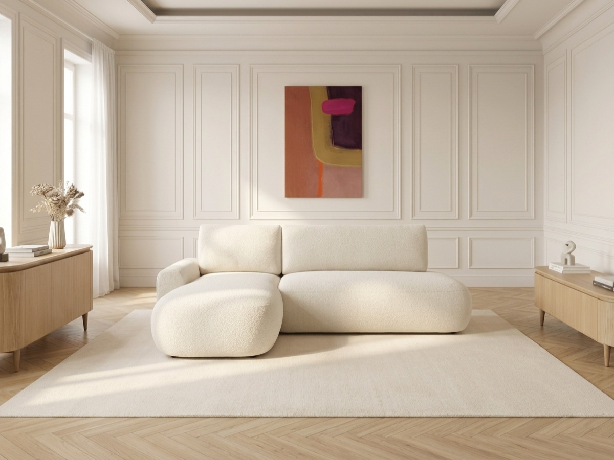 Bobochic Tango Ecksofa mit Schlaffunktion und Bettkasten Bouclé-Stoff Beige Ecke links