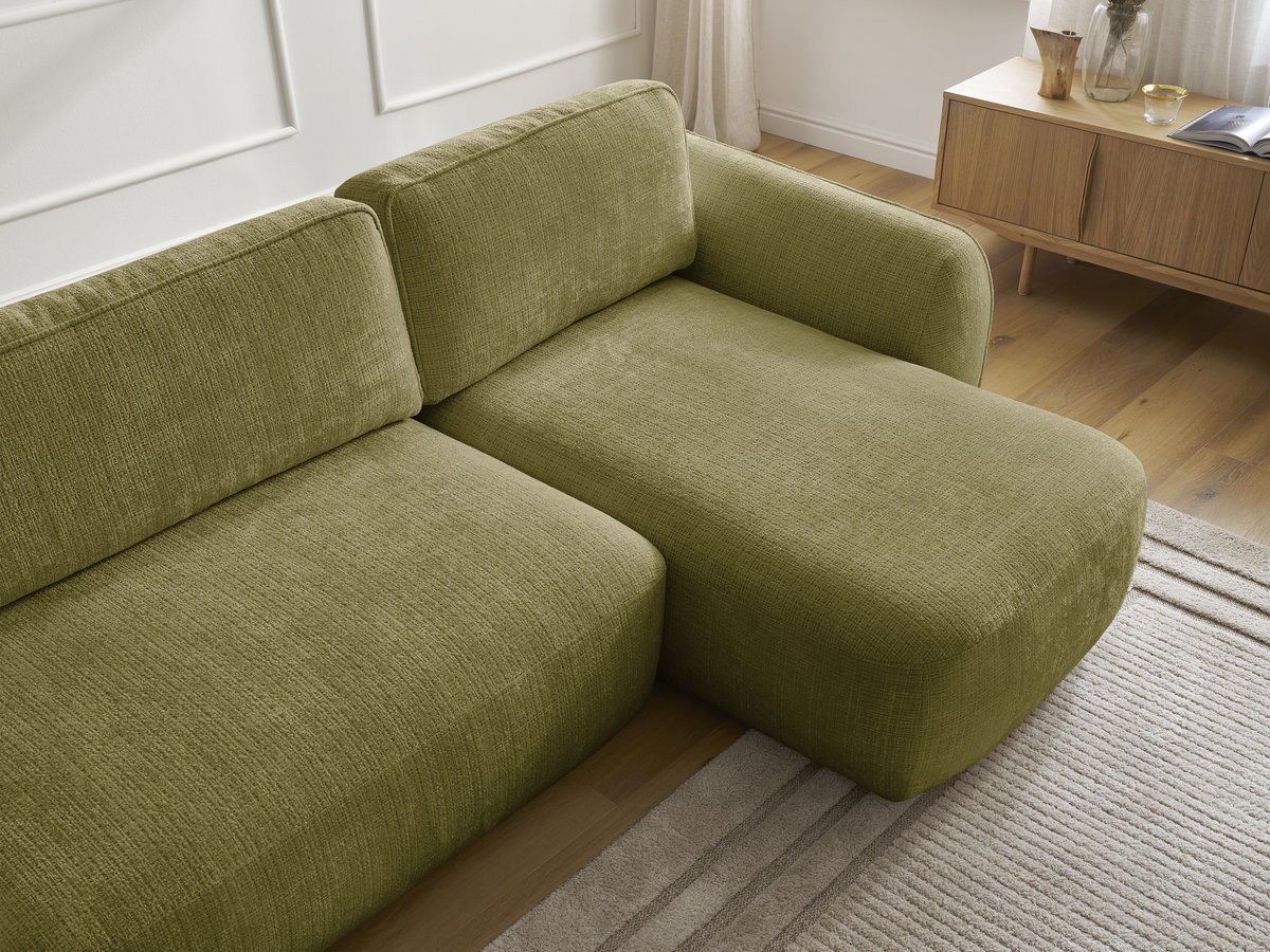 Bobochic Denise Ecksofa mit Schlaffunktion und Bettkasten 258 × 160 cm Strukturstoff Grün Ecke rechts