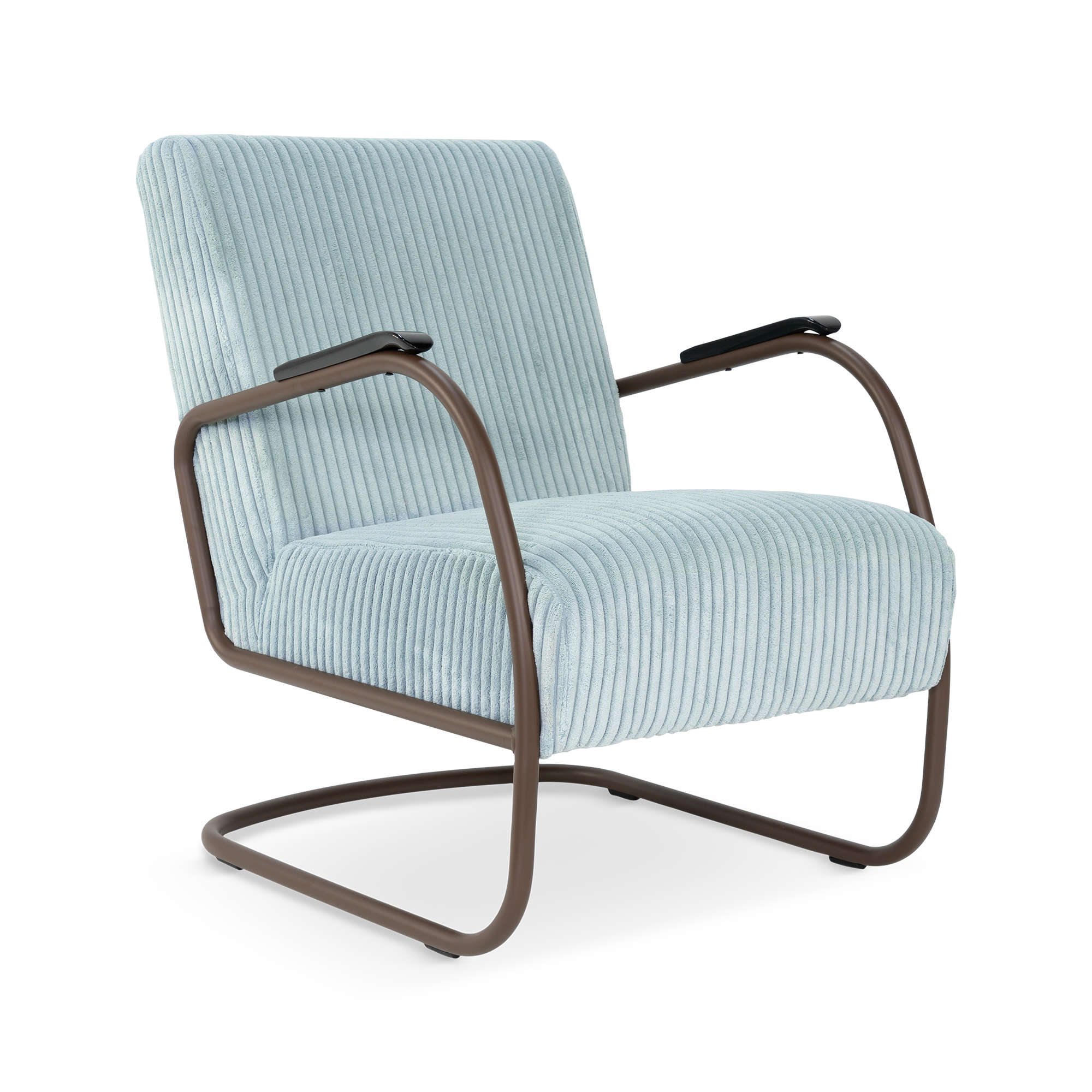 Spinder Design Retro Sessel Chocolate Brown / Hazy Blue breiter Cord – Schrägansicht von vorn, freigestellt