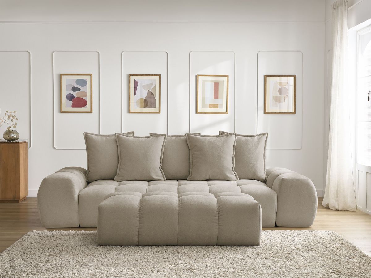 Bobochic Everest Schlafsofa 3-Sitzer mit Bettkasten und Pouf, 5 Kissen Strukturstoff Taupe