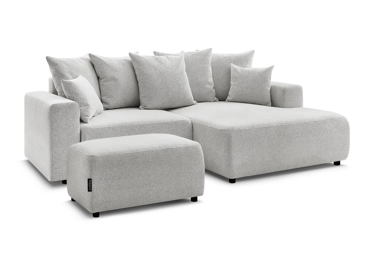 Bobochic Atilla Ecksofa mit Schlaffunktion und Bettkasten und Pouf Melange-Stoff Hellgrau Ecke rechts