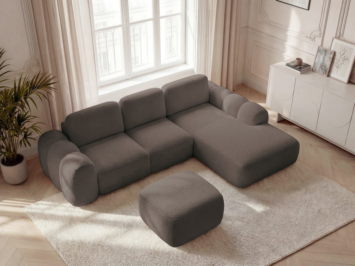 Bobochic Montaigne Ecksofa mit Schlaffunktion und Bettkasten und Pouf 288 × 196 cm Bouclé-Stoff Braun Ecke rechts