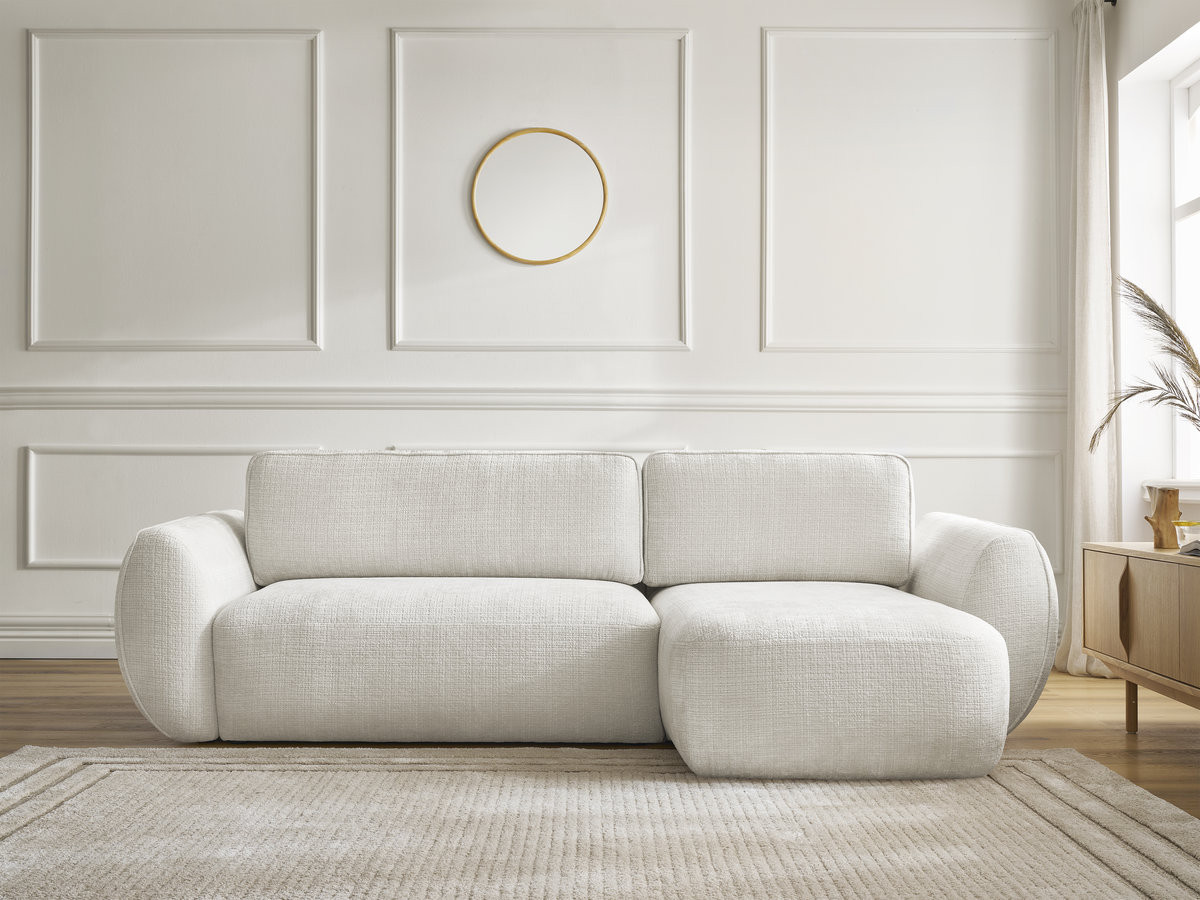 Bobochic Denise Ecksofa mit Schlaffunktion und Bettkasten 258 × 160 cm Strukturstoff Weiß Ecke rechts