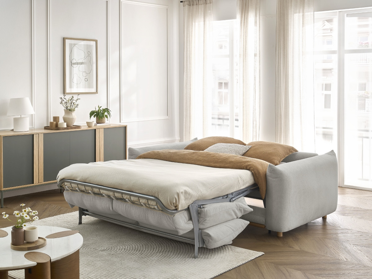 Bobochic Ernest Schlafsofa 3-Sitzer, Liegefläche 190 × 140 / 160 cm Stoff Hellgrau, Liegefläche 160 × 190 cm