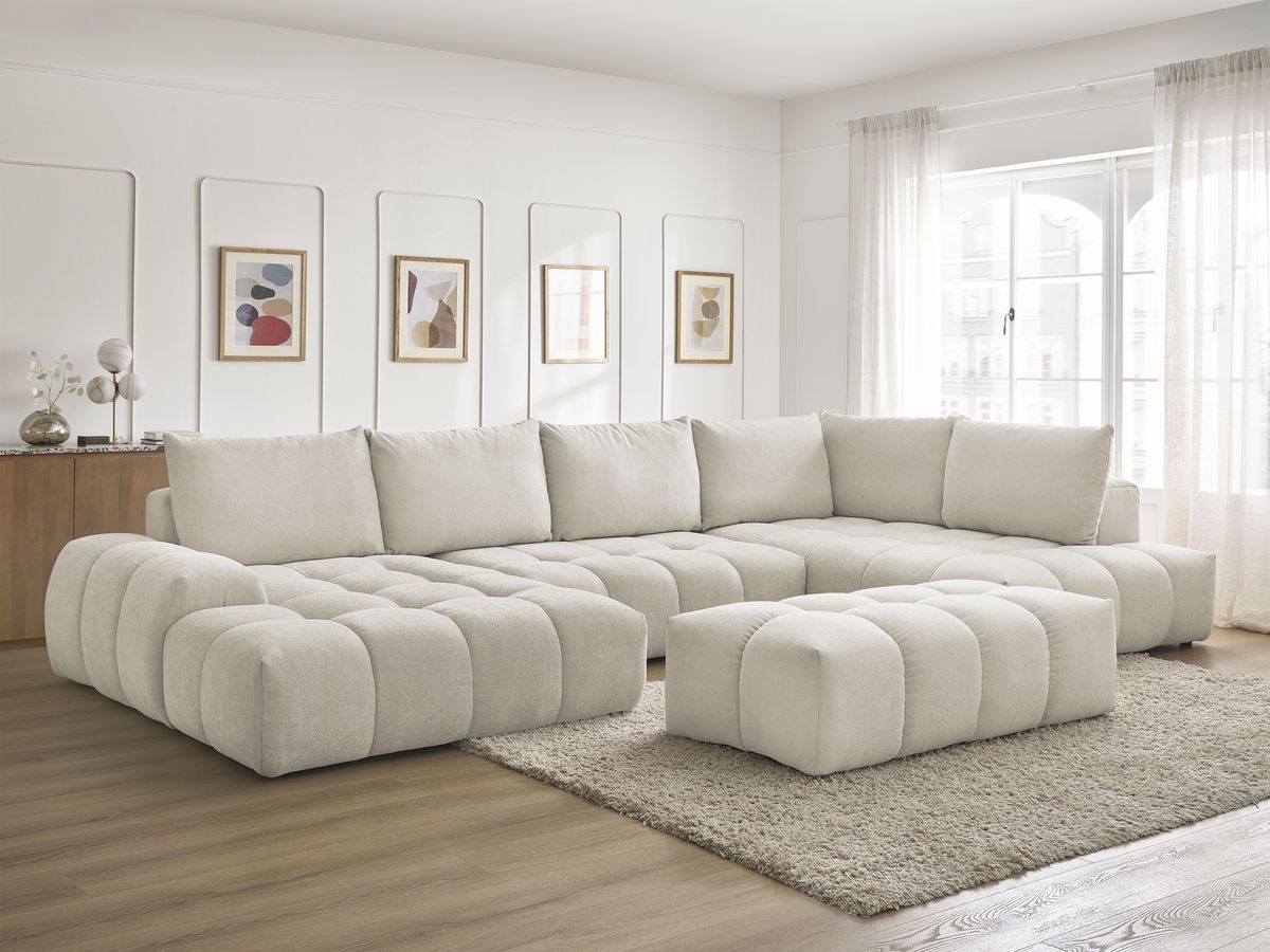 Bobochic Everest Wohnlandschaft mit Pouf, 6 Kissen Strukturstoff Beige Ecke links