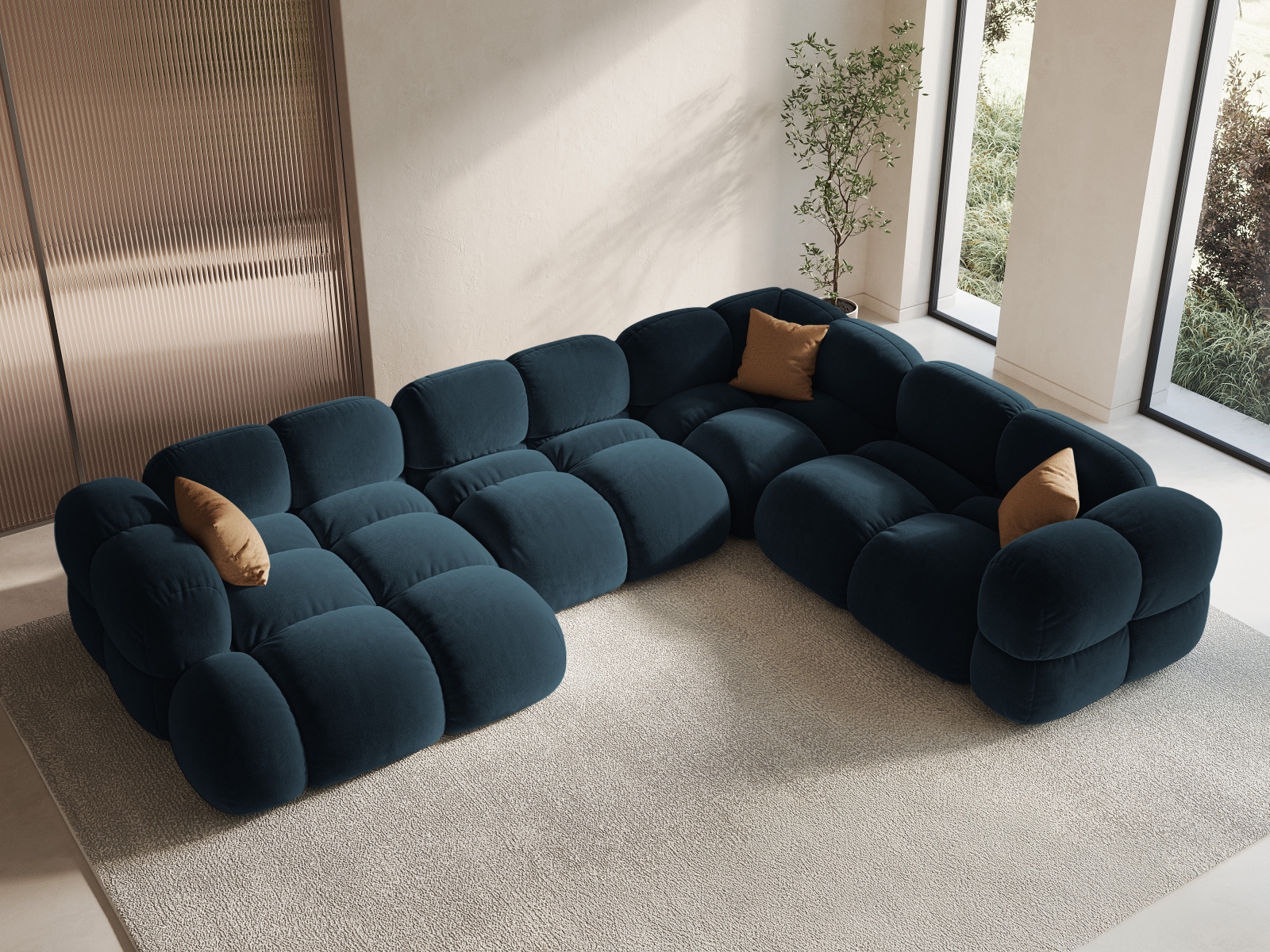 Cosmopolitan Design Panoramasofa Loretto 5-Sitzer Samt Vogue Tiefes Petrol Rechts