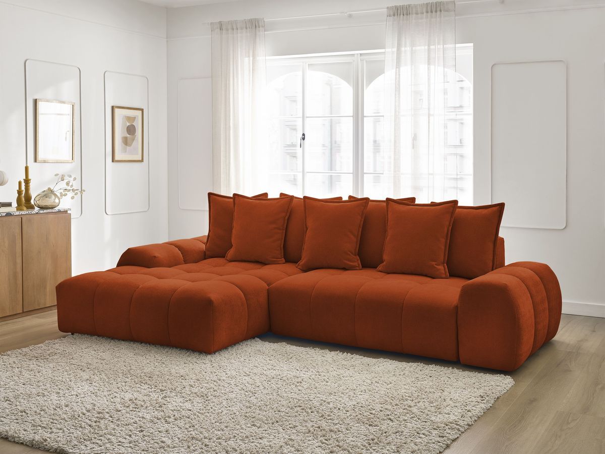 Bobochic Everest Ecksofa mit Schlaffunktion und Bettkasten 318 × 180 cm, 7 Kissen Strukturstoff Orange Ecke links