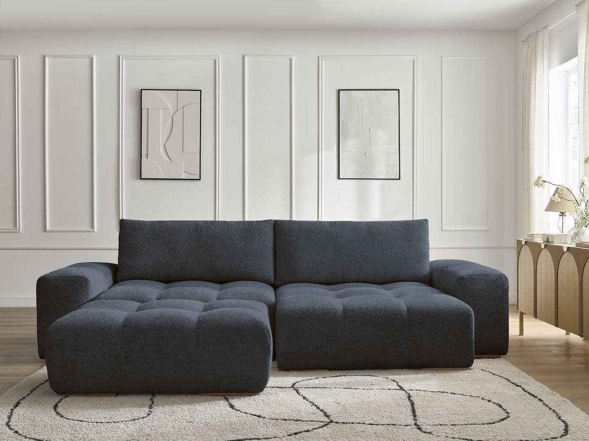 Bobochic Anakin Ecksofa mit Schlaffunktion und Bettkasten und Pouf, 2 Kissen Bouclé-Stoff Dunkelblau
