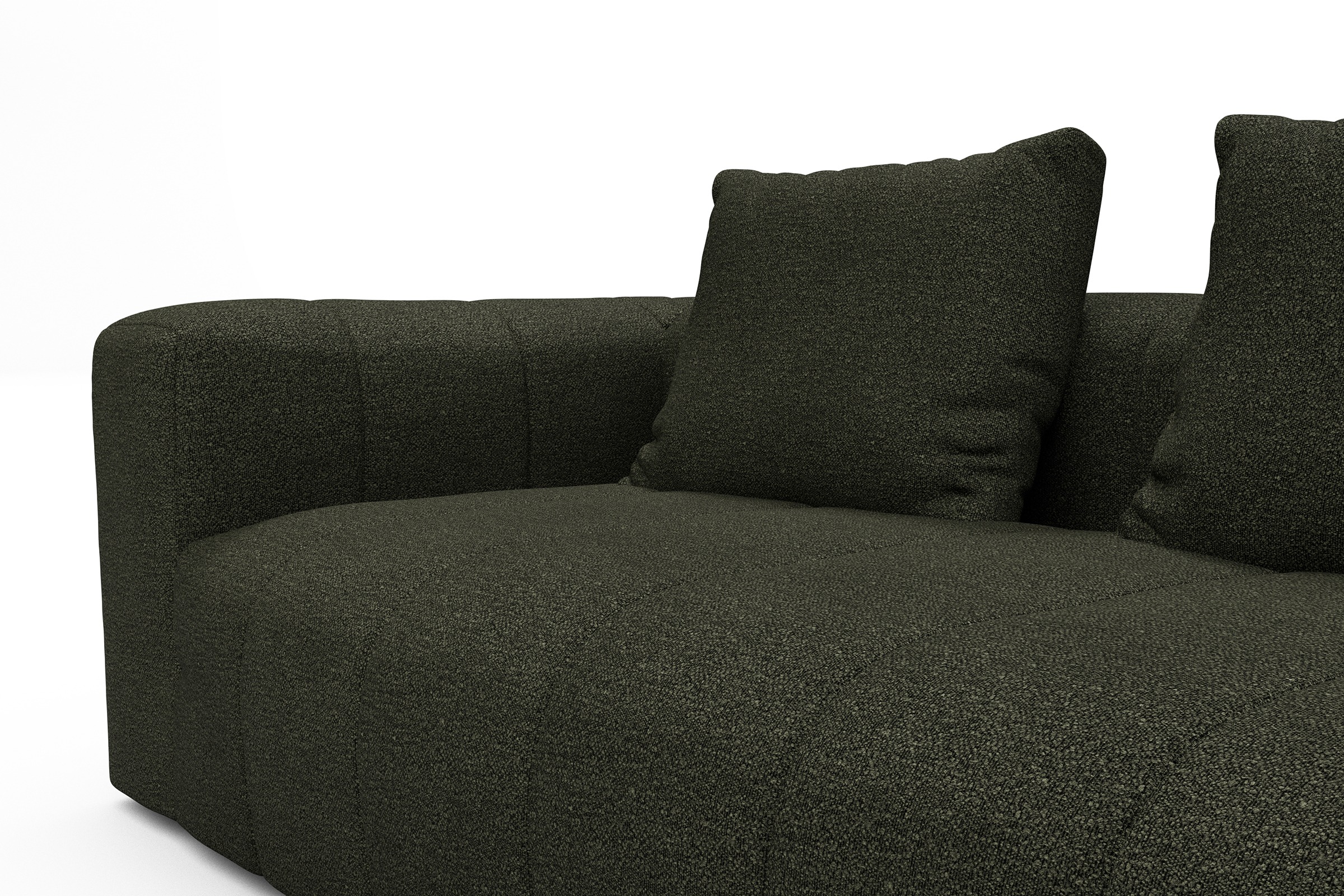 Ecksofa Hugo 2,5-Sitzer Armlehne links mit Chaiselongue Boucle-Forest-Green
