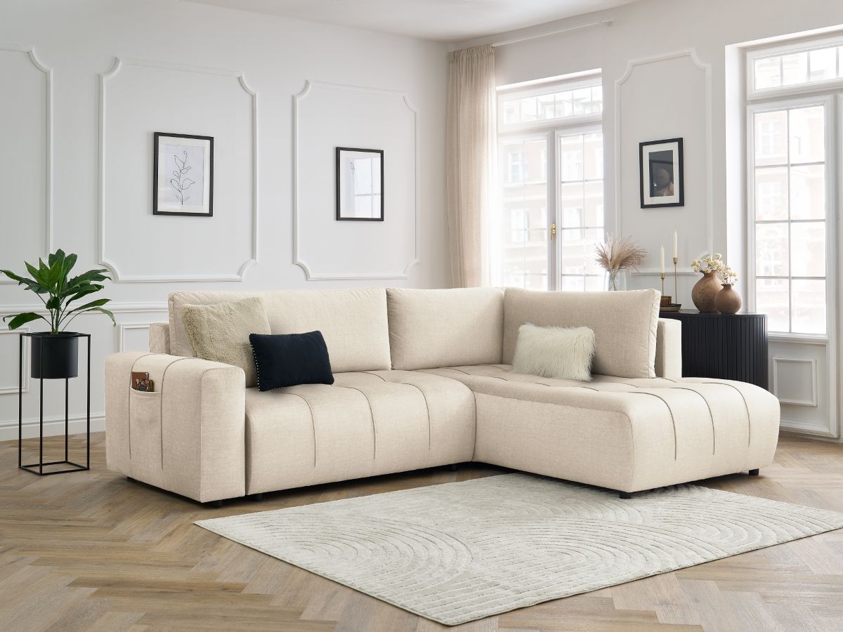 Bobochic Arsene Ecksofa mit Schlaffunktion und Bettkasten 277 × 200 cm Samt Beige Ecke rechts