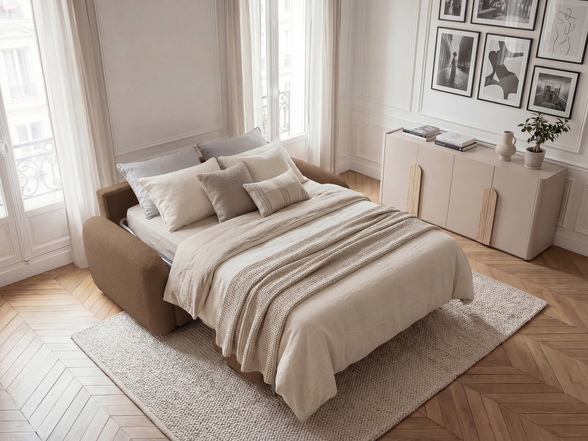 Bobochic Kenan Schlafsofa 3-Sitzer Bouclé-Stoff Braun, Liegefläche 140 × 196 cm