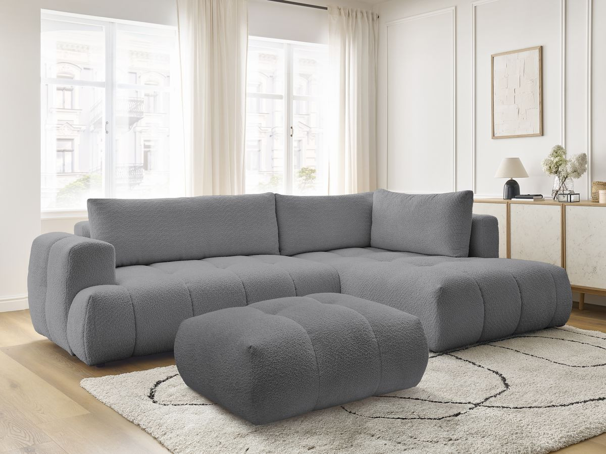 Bobochic Fuji Ecksofa mit Schlaffunktion und Bettkasten und Pouf 282 × 204 cm Bouclé-Stoff Dunkelgrau Ecke rechts