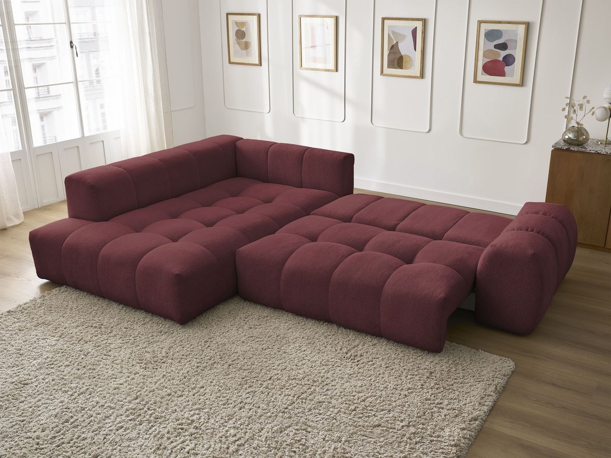 Bobochic Everest Ecksofa mit Schlaffunktion und Bettkasten 320 × 212 cm, 10 Kissen Melange-Stoff Rot Ecke links