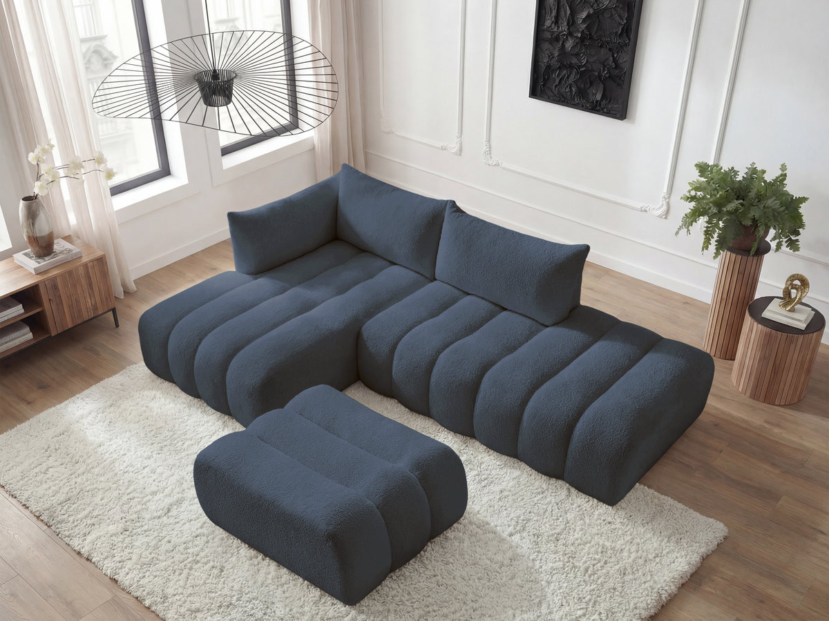 Bobochic Azra Ecksofa mit Pouf 319 × 178 cm Bouclé-Stoff Dunkelblau Ecke links