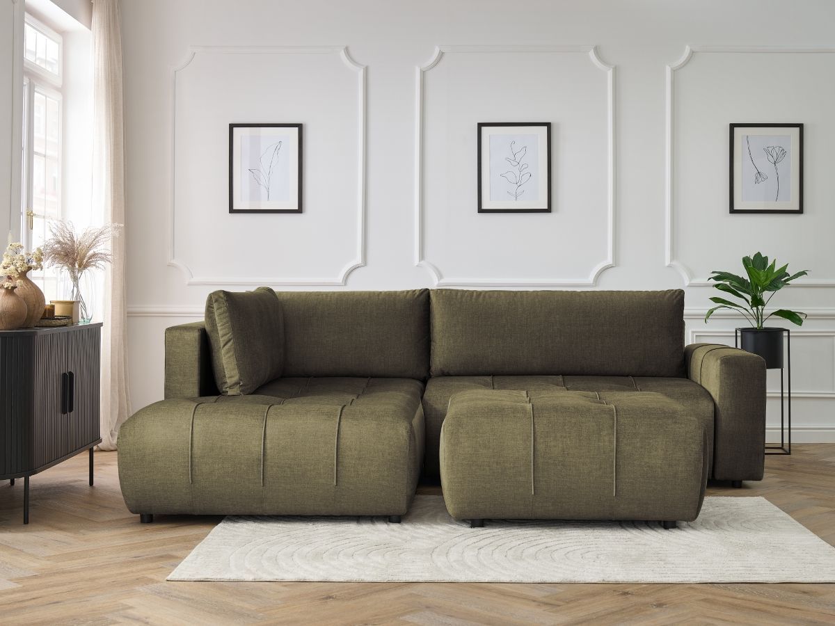 Bobochic Arsene Ecksofa mit Schlaffunktion und Bettkasten und Pouf 277 × 200 cm Samt Grün Ecke links
