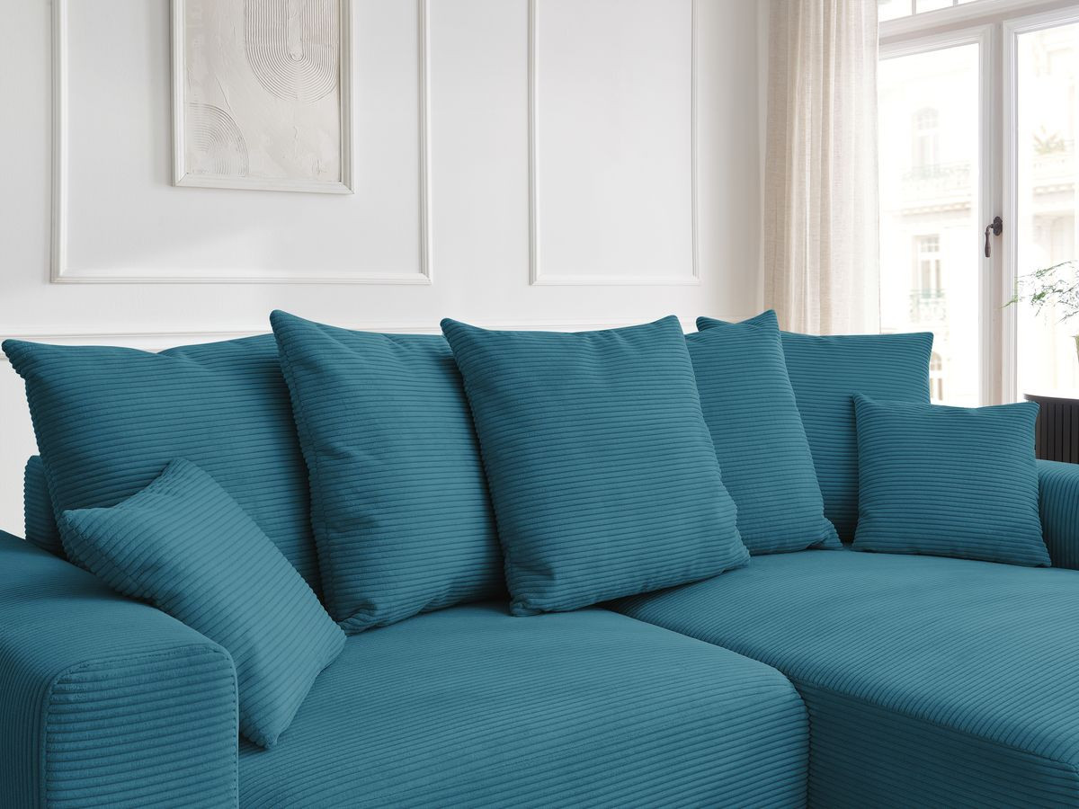 Bobochic Atilla Ecksofa mit Schlaffunktion und Bettkasten Cordsamt Hellblau Ecke rechts