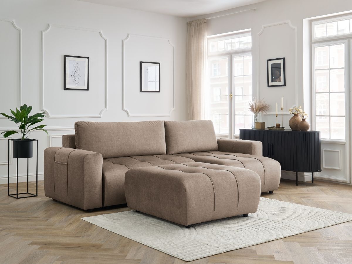Bobochic Arsene Ecksofa mit Schlaffunktion und Bettkasten und Pouf 288 × 148 cm Samt Taupe