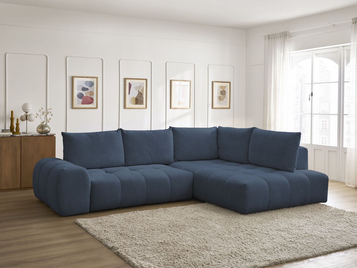 Bobochic Everest Ecksofa mit Schlaffunktion und Bettkasten 320 × 212 cm, 5 Kissen Melange-Stoff Dunkelblau Ecke rechts