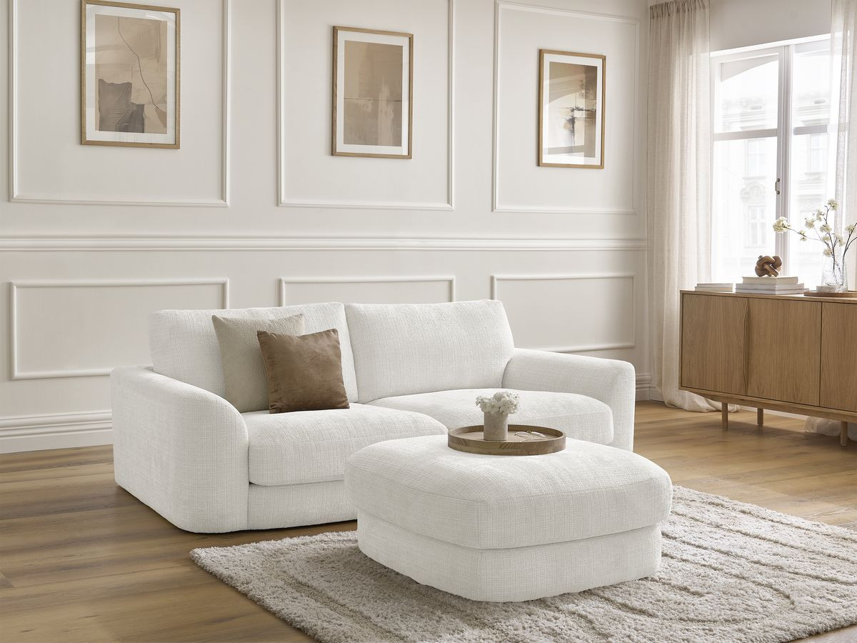 Bobochic Leonore Sofa 3-Sitzer mit Pouf Strukturstoff Weiß