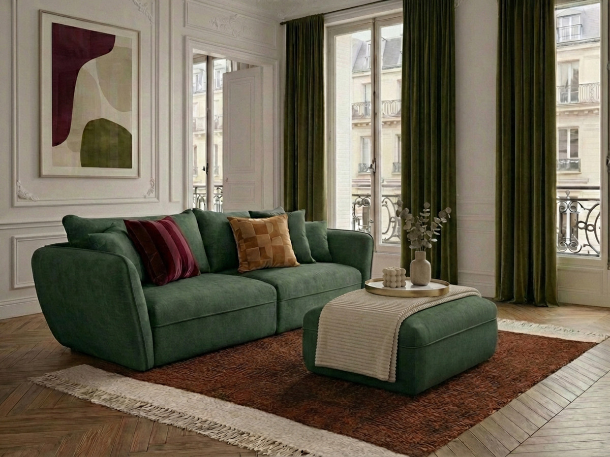 Bobochic Luigi Sofa 3-Sitzer mit Pouf Strukturstoff Grün