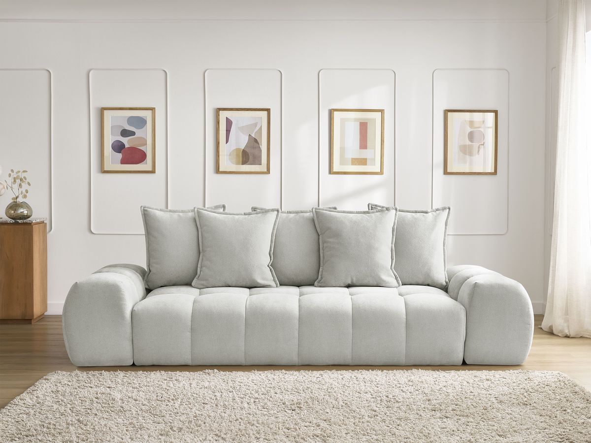 Bobochic Everest Schlafsofa 3-Sitzer mit Bettkasten, 5 Kissen Strukturstoff Hellgrau