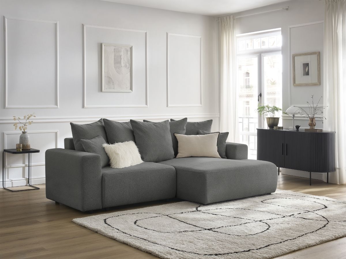 Bobochic Atilla Ecksofa mit Schlaffunktion und Bettkasten Melange-Stoff Dunkelgrau Ecke rechts