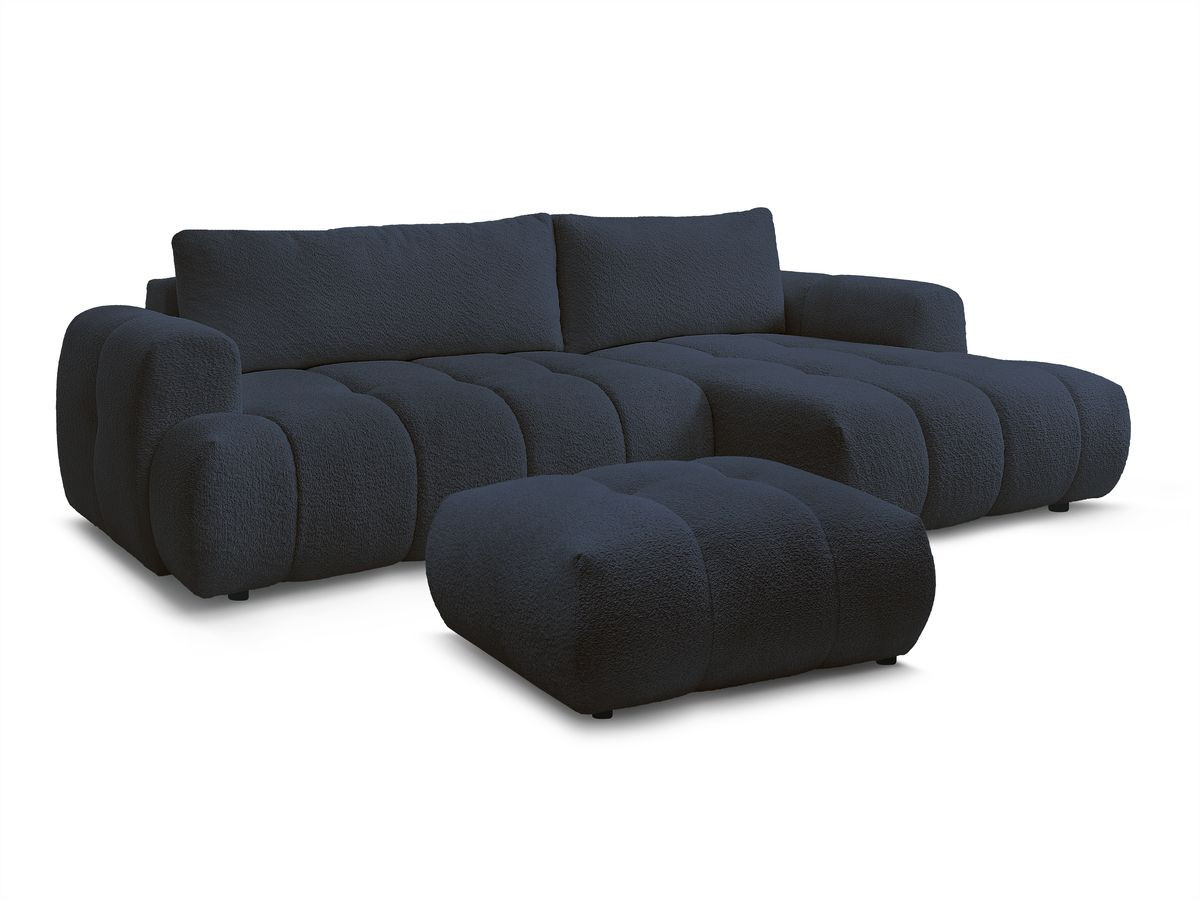 Bobochic Fuji Ecksofa mit Schlaffunktion und Bettkasten und Pouf 292 × 160 cm Bouclé-Stoff Dunkelblau Ecke rechts