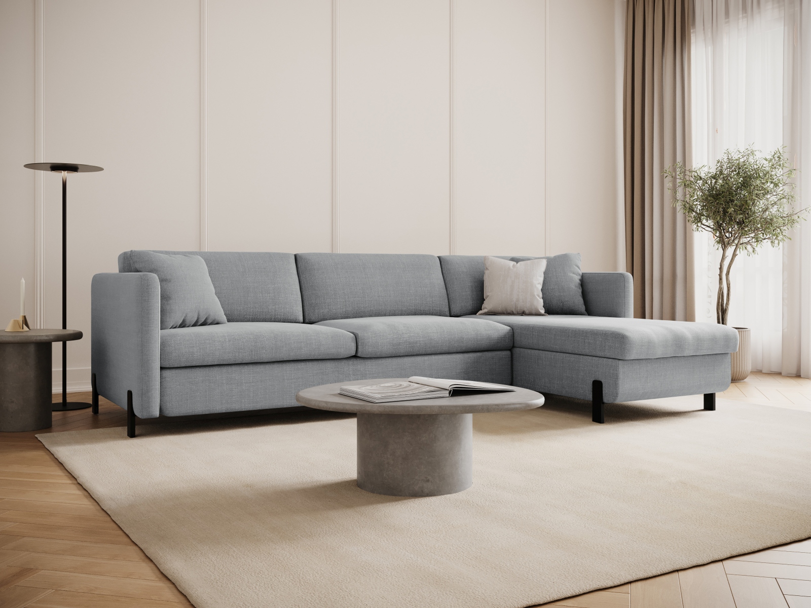 Micadoni Schlaf-Ecksofa Gloria 4-Sitzer Rechts Strukturierter Stoff Hellgrau 205x140