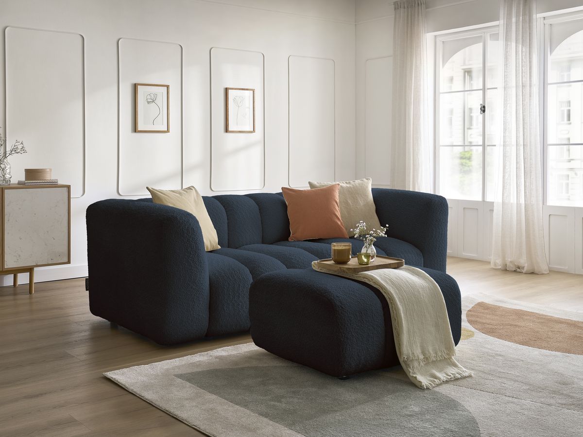 Bobochic Talia Sofa 3-Sitzer mit Pouf Bouclé-Stoff Dunkelblau