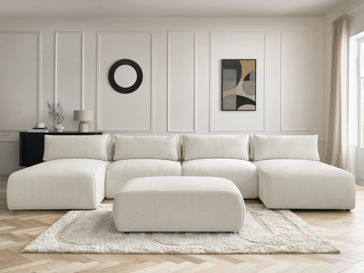 Bobochic Jana Wohnlandschaft mit großem Pouf Melange-Stoff Weiß