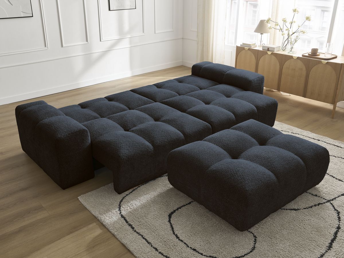 Bobochic Anakin Schlafsofa 3-Sitzer mit Bettkasten und Pouf, 6 Kissen Bouclé-Stoff Dunkelblau