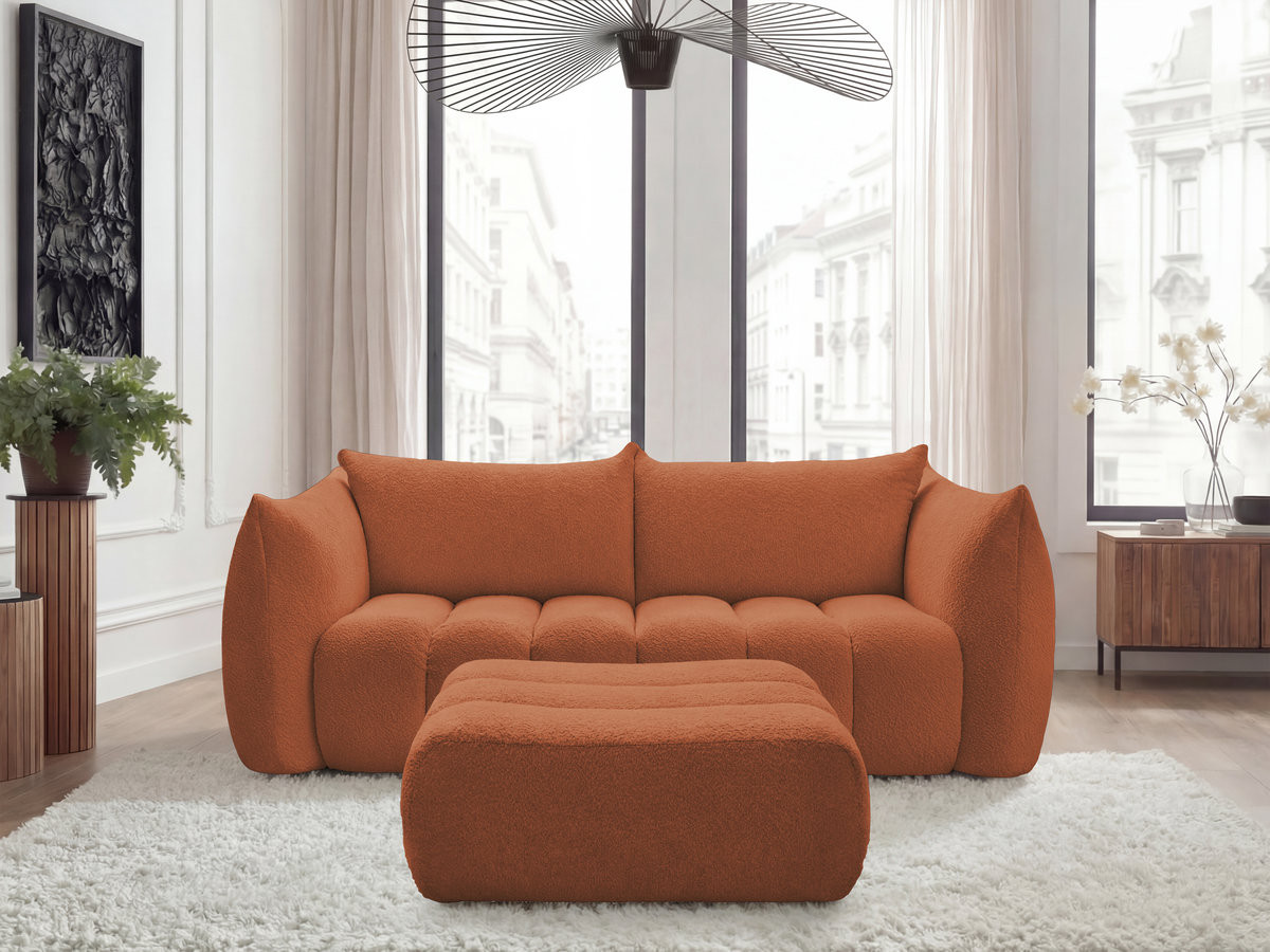 Bobochic Azra Sofa 3-Sitzer mit Pouf Bouclé-Stoff Orange
