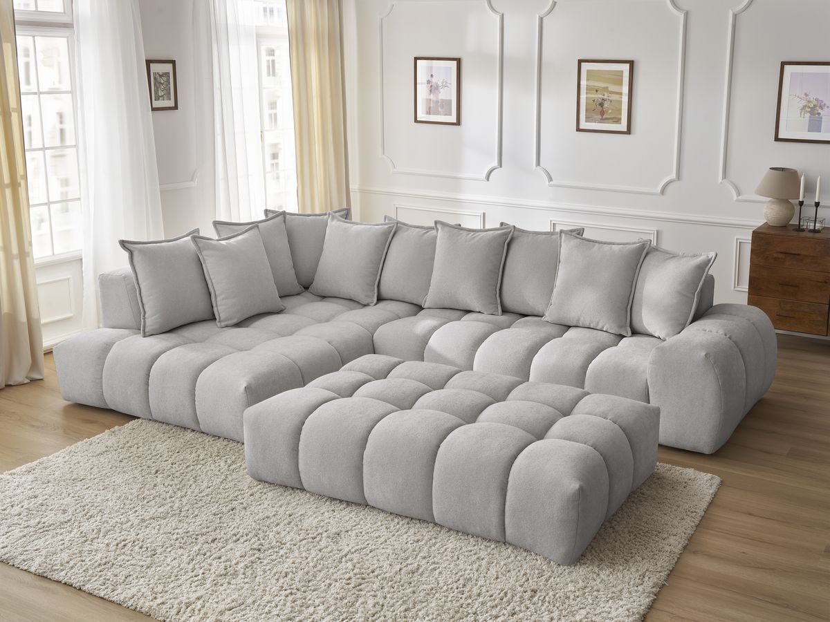 Bobochic Everest Ecksofa mit Schlaffunktion und Pouf, 10 Kissen Strukturstoff Hellgrau Ecke links