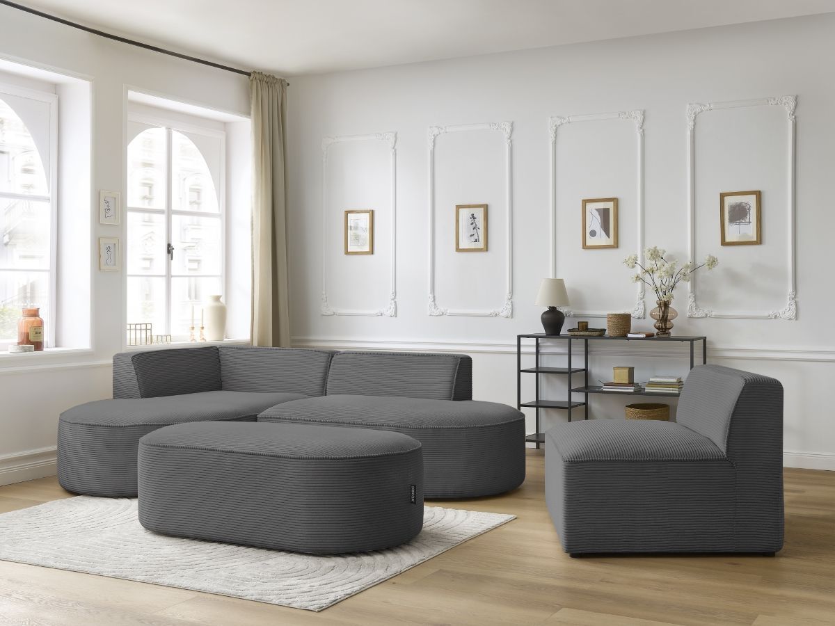 Bobochic Rousseau Ecksofa mit Sofamodul und Pouf Cordsamt Dunkelgrau Ecke links