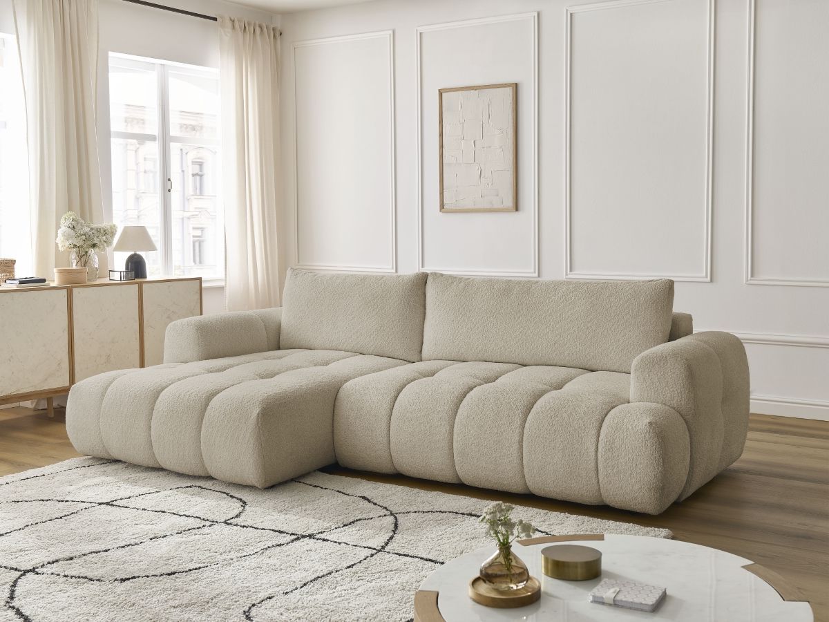 Bobochic Fuji Ecksofa mit Schlaffunktion und Bettkasten 292 × 160 cm Bouclé-Stoff Beige Ecke links