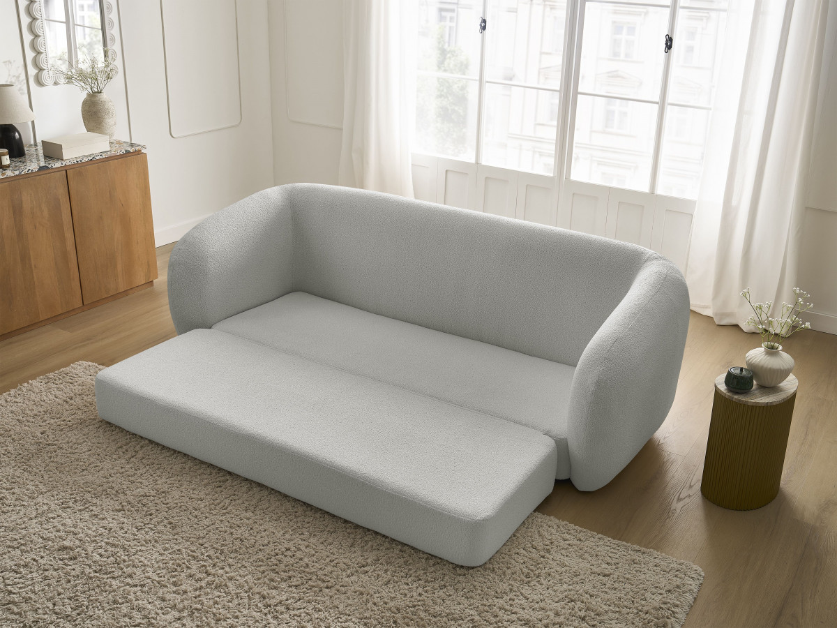 Bobochic Neyo Schlafsofa 3-Sitzer Bouclé-Stoff Hellgrau