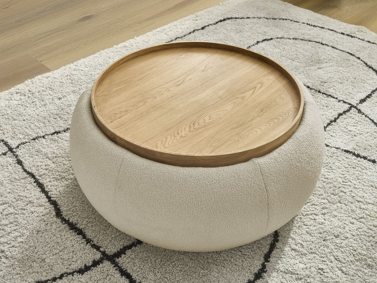 Bobochic Hayden Pouf mit Tablett, rund Bouclé-Stoff Beige, 87 cm
