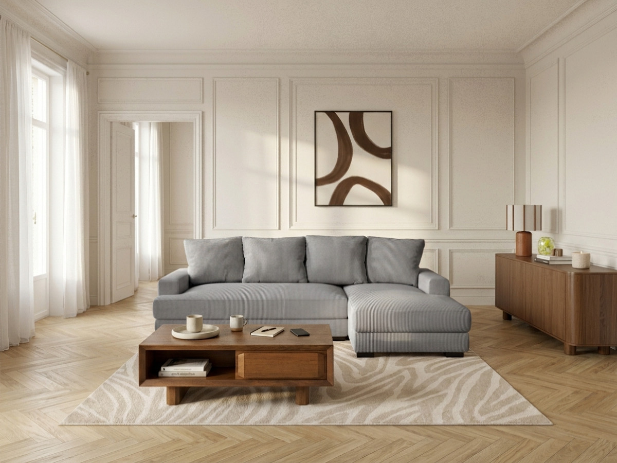 Bobochic Campi Ecksofa mit Schlaffunktion und Bettkasten Cordsamt Hellgrau Ecke rechts