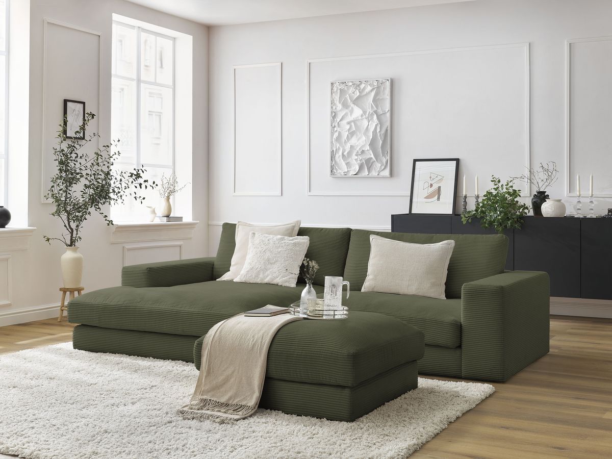 Bobochic Leonard Ecksofa mit Pouf 234 × 159 cm Cordsamt Hellgrün Ecke links