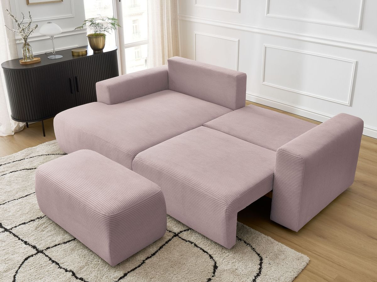Bobochic Atilla Ecksofa mit Schlaffunktion und Bettkasten und Pouf Cordsamt Violett Ecke links