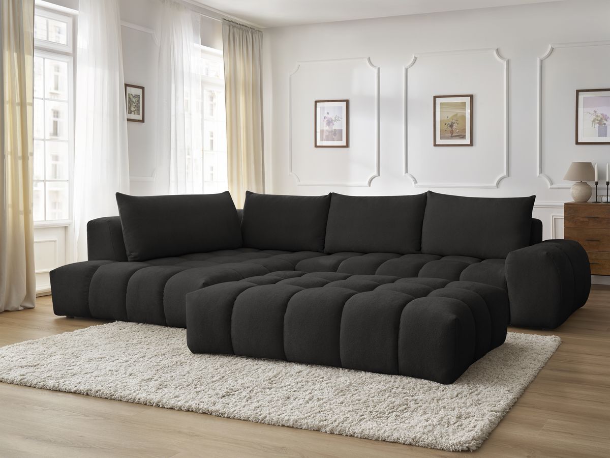 Bobochic Everest Ecksofa mit Schlaffunktion und Pouf, 4 Kissen Strukturstoff Schwarz Ecke links