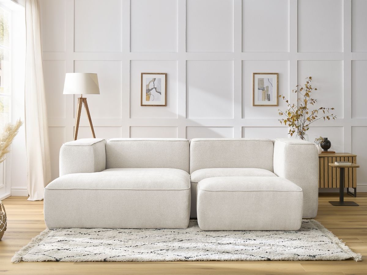 Bobochic Zephyr Ecksofa mit Pouf 260 × 165 cm Strukturstoff Weiß Ecke links