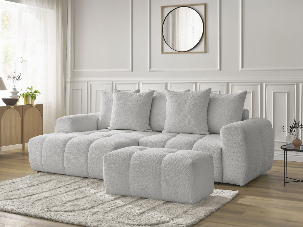 Bobochic Roxelane Ecksofa mit Schlaffunktion und Bettkasten und Pouf 258 × 150 cm Bouclé-Stoff Hellgrau Ecke links