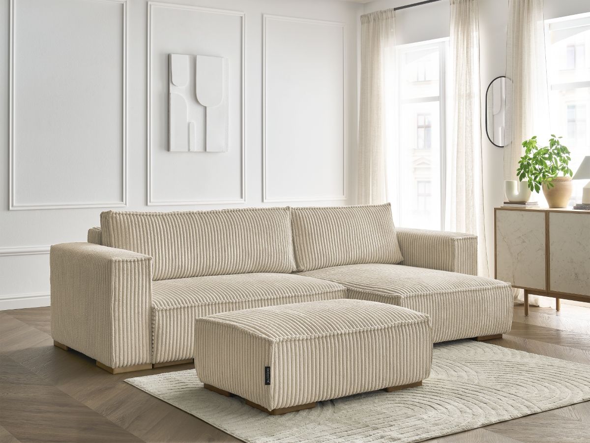Bobochic Chelsea Ecksofa mit Schlaffunktion und Bettkasten und Pouf Breitcord weich Taupe