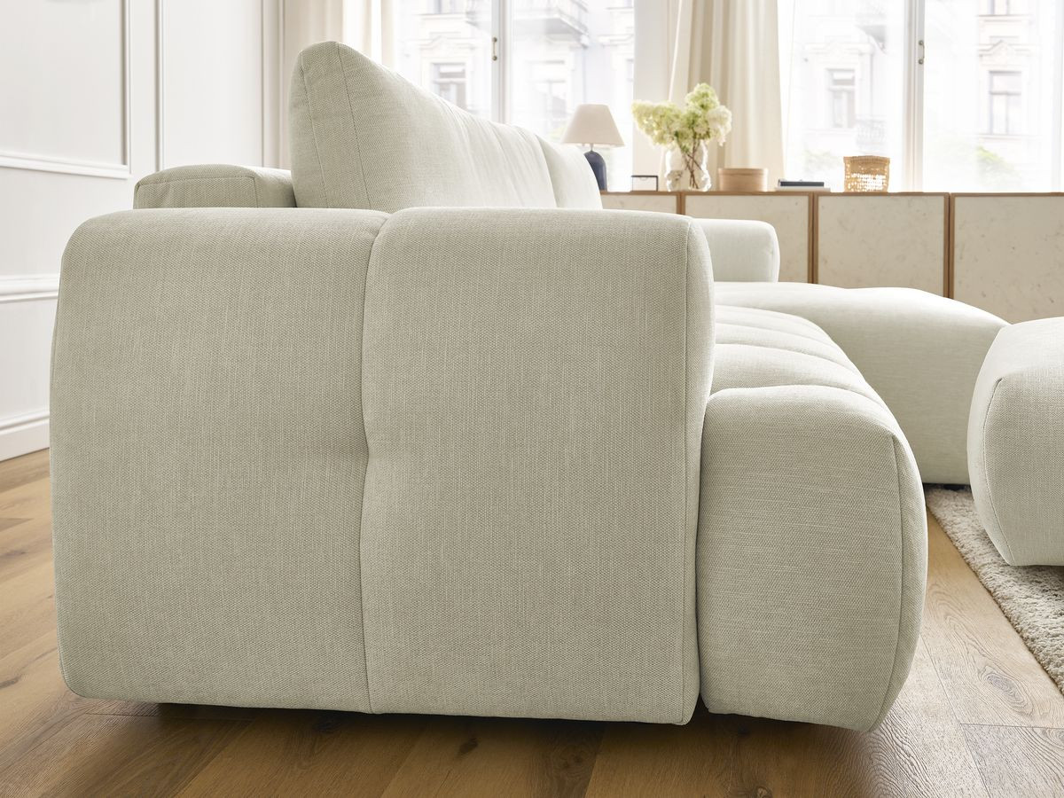 Bobochic Fuji Ecksofa mit Schlaffunktion und Bettkasten und Pouf 292 × 160 cm Stoff Beige Ecke rechts