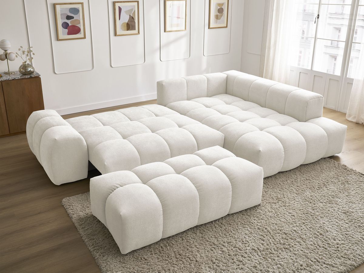 Bobochic Everest Ecksofa mit Schlaffunktion und Bettkasten und Pouf 320 × 212 cm, 10 Kissen Strukturstoff Weiß Ecke rechts
